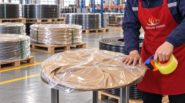 Protective packaging being applied to a metal product