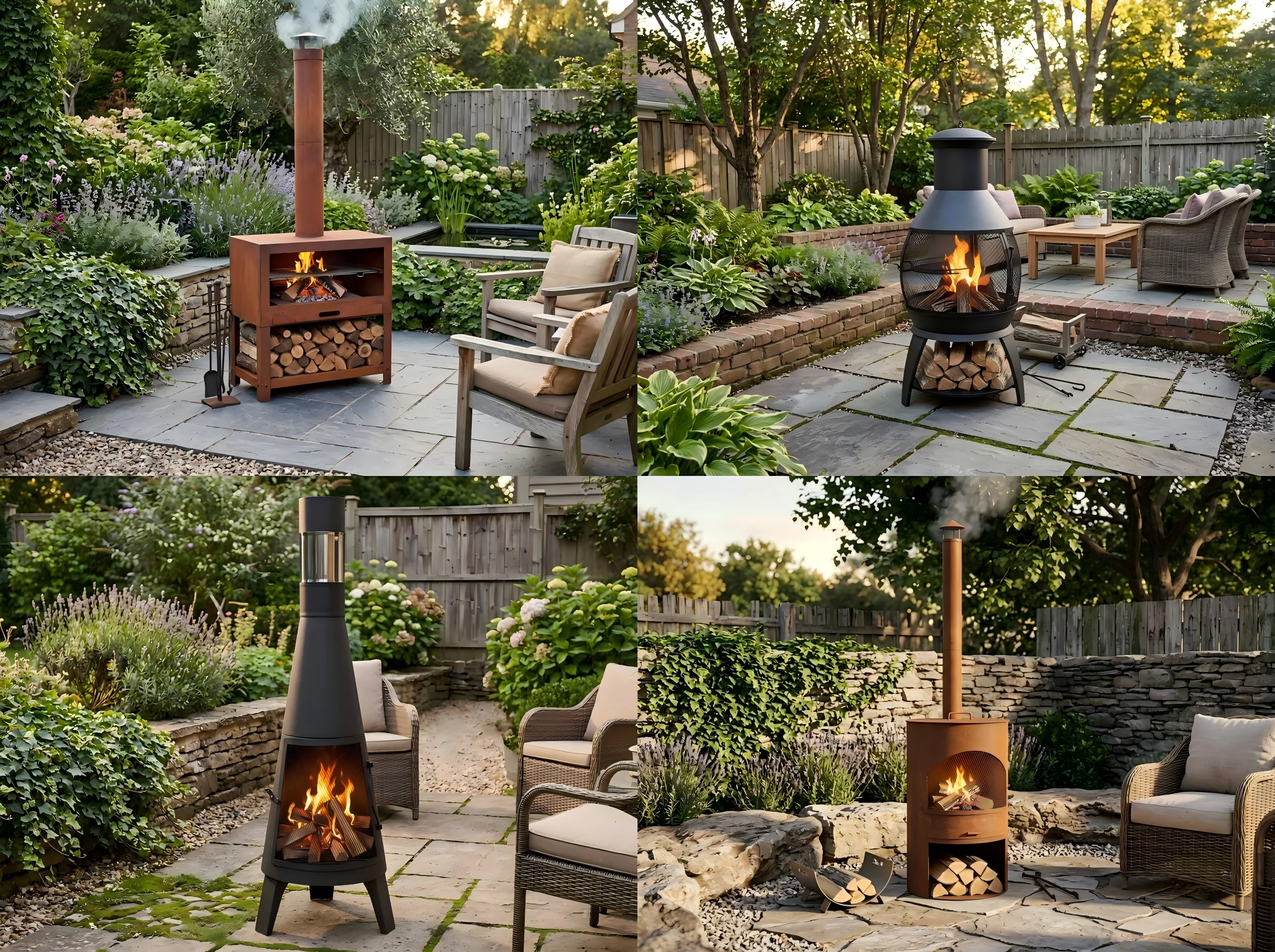 Outdoor fireplace and chiminea designs in landscaped garden settings