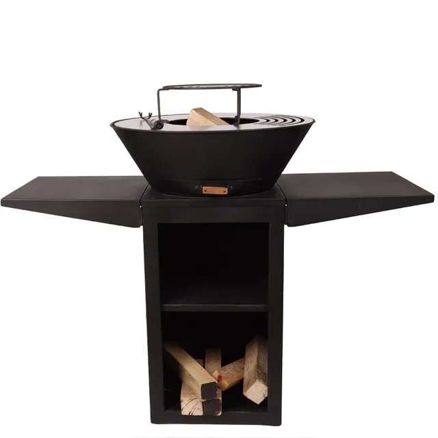 Ø600 mm Black Steel Brasero Plancha with Folding Side Tables